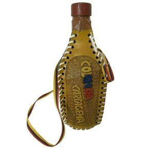 Vintage Colombian Leather Covered Wrapped Glass Bottle with Cap and Strap Handcr